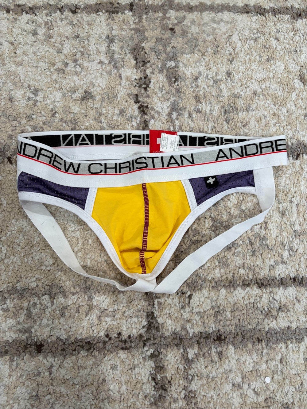 VINTAGE Andrew Christian Yellow & Purple Jockstrap with White Trim